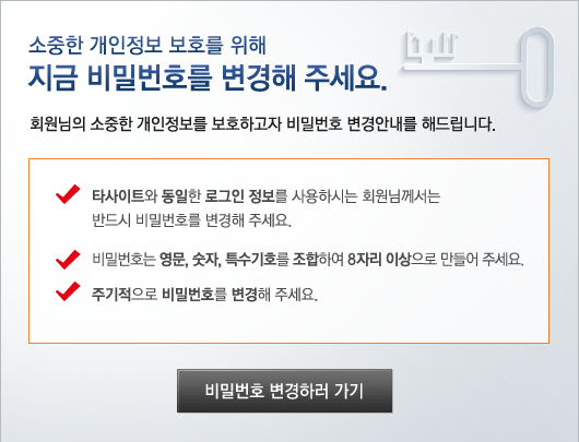 지금 비밀번호를 변경해 주세요.회원님의 소중한 개인정보를 보호하고자 비밀번호 변경안내를 해드립니다.타사이트와 동일한 로그인 정보를 사용하시는 회원님께서는 반드시 비밀번호를 변경해 주세요. 비밀번호는 영문, 숫자, 특수기호를 조합하여 8자리 이상으로 만들어 주세요. 주기적으로 비밀번호를 변경해 주세요. '비밀번호변경하러가기' 이동